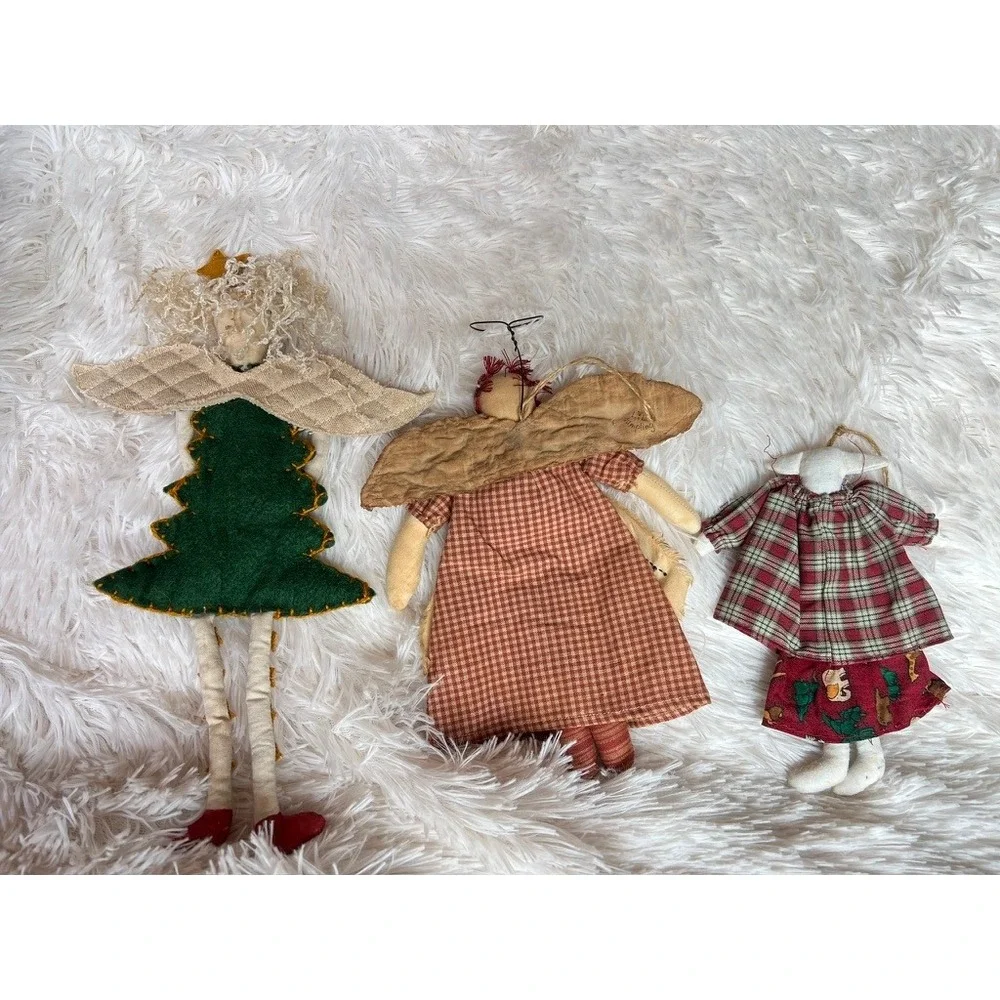 3 Rustic Primitive Christmas Tree Ornaments Angels Bunny Whimsical Folk Art